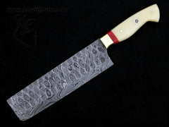 Damascus steel flint knapped kitchen cleaver