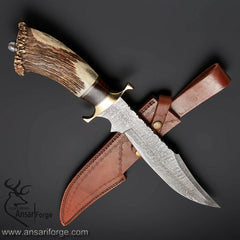 Damascus steel Stag handle Bowie hunting knife