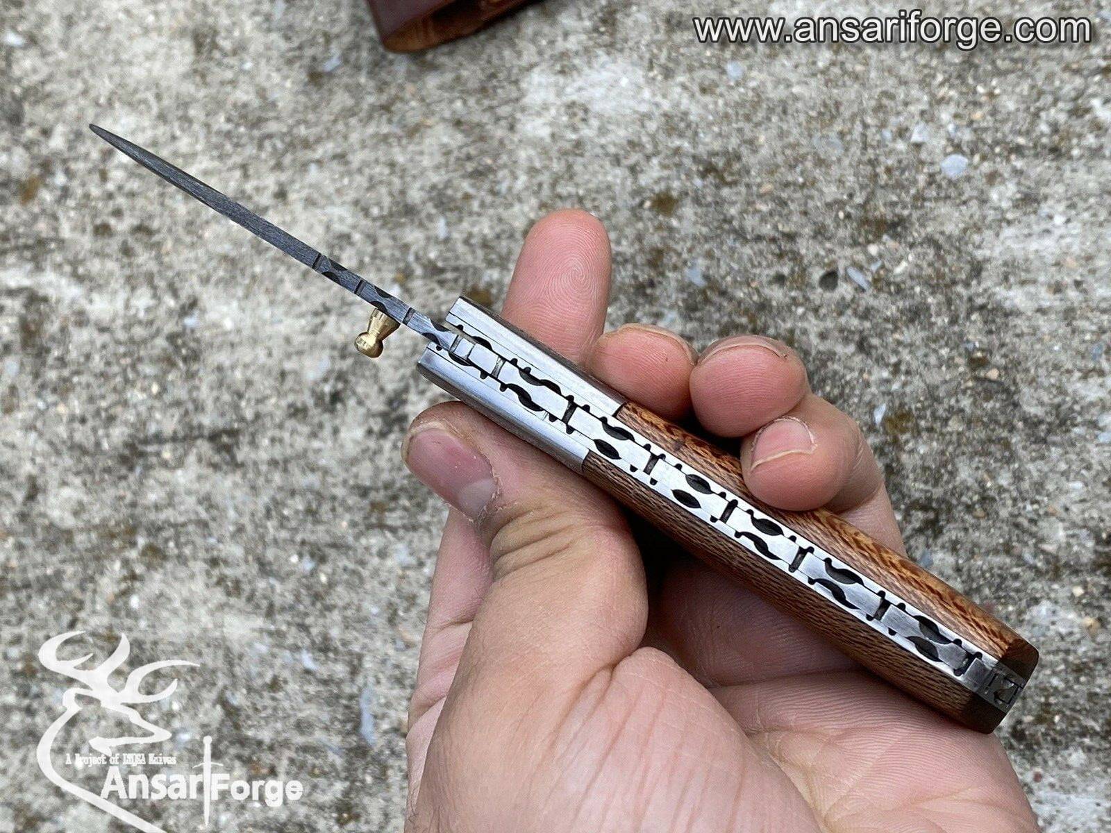side view of the knife, highlighting its ergonomic maple wood handle and brass accents.